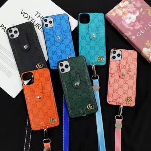 GUCCI iPhone12/12pro/12pro maxケース ネックストラップ付き グッチ アイフォン12ミニ レザーケース ブラント iPhone11/11pro/11pro maxケース カード入れ